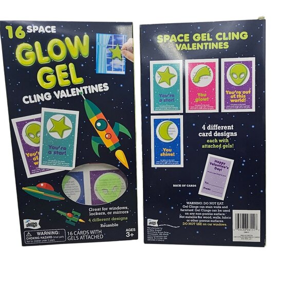 Space Glow Gel Cling Valentines Cards For Kids 16 Cards 2 packs - Picture 2 of 6